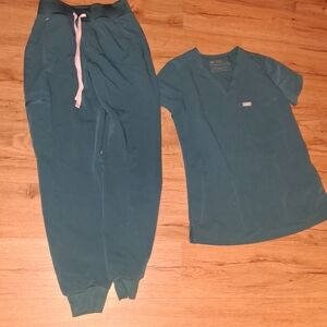 Figs Kids Teal Pajama Set with Pink Drawstring